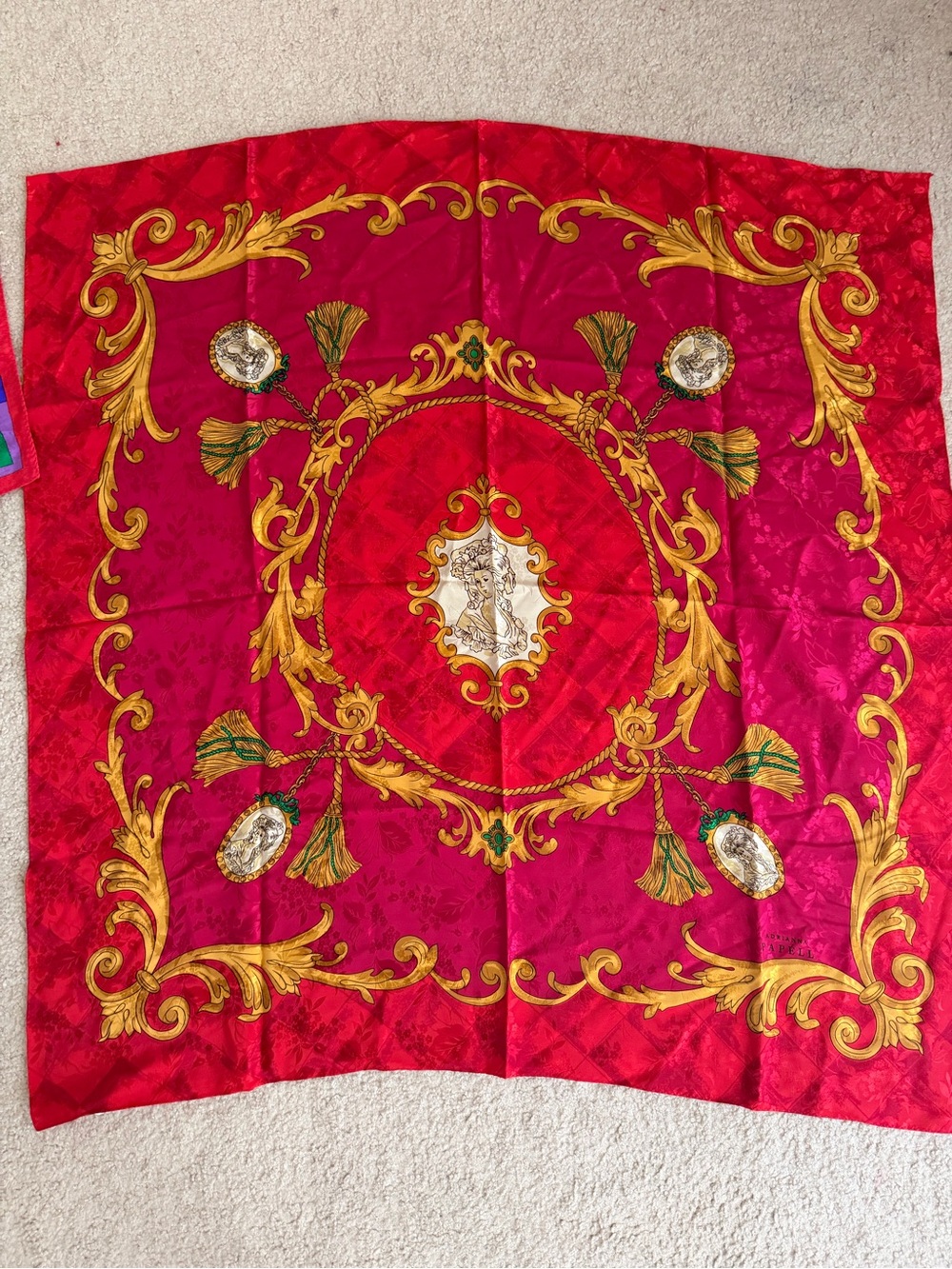 Adrianna Papell Red Scarf with Gold Baroque Motif